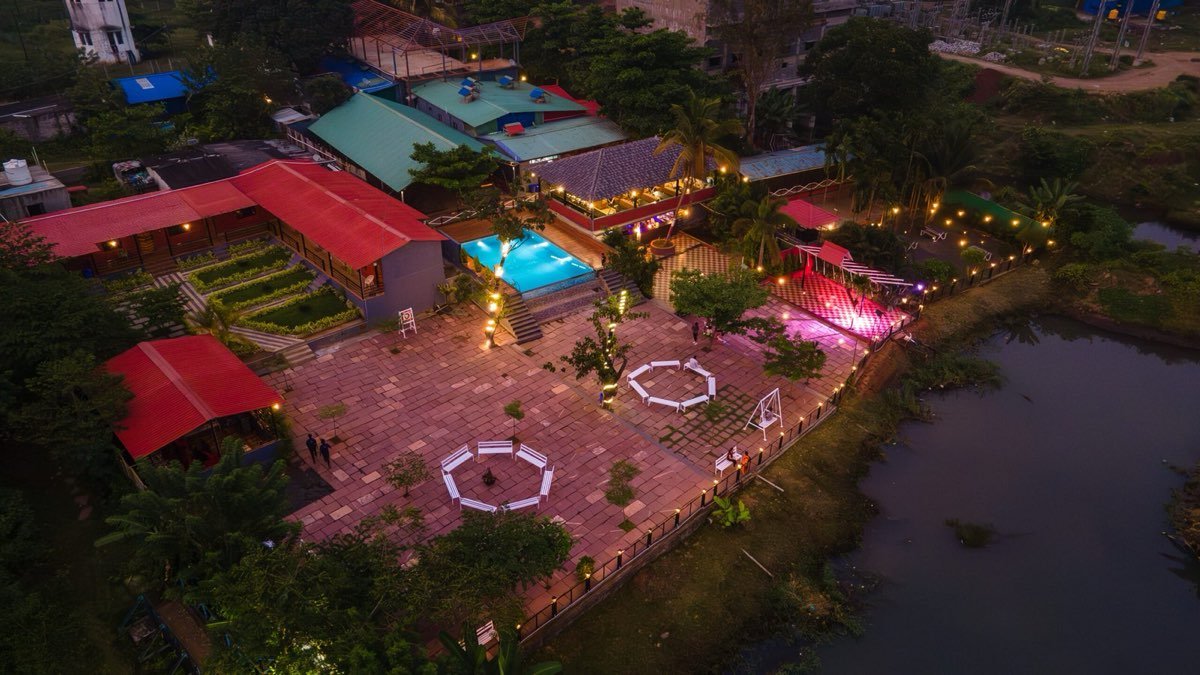River Point resort lit up at night from above