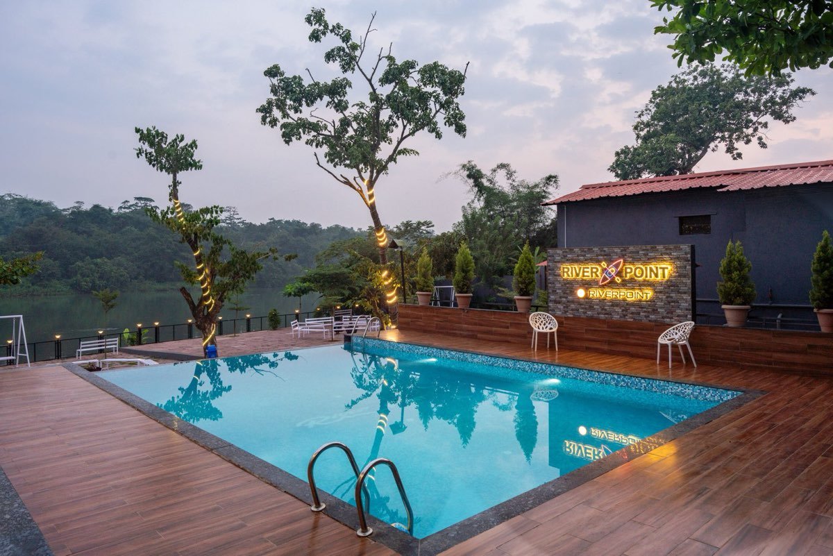Pool deck at dusk