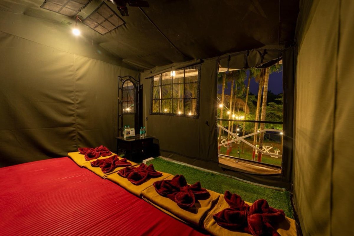 Commando tent interior with mattresses at River Point
